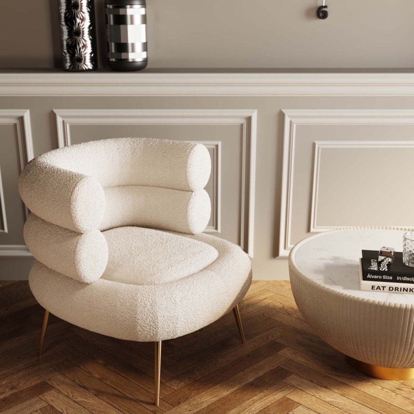 Retro armchair in curly cream fabric and gilded steel - Livelli - Kare Design