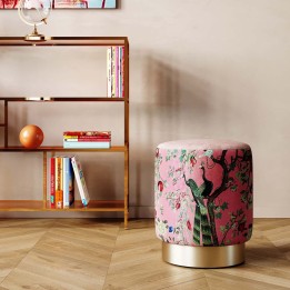 Roze fluwelen krukje met pauw- en bloemmotieven - Cherry - Kare Design