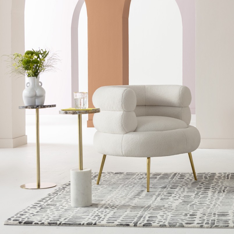 Retro fauteuil in crèmekrullende stof en goudkleurig staal - Livelli - Kare Design