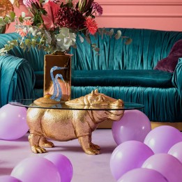 Gouden nijlpaard salontafel in polyresin en glas - Kare Design