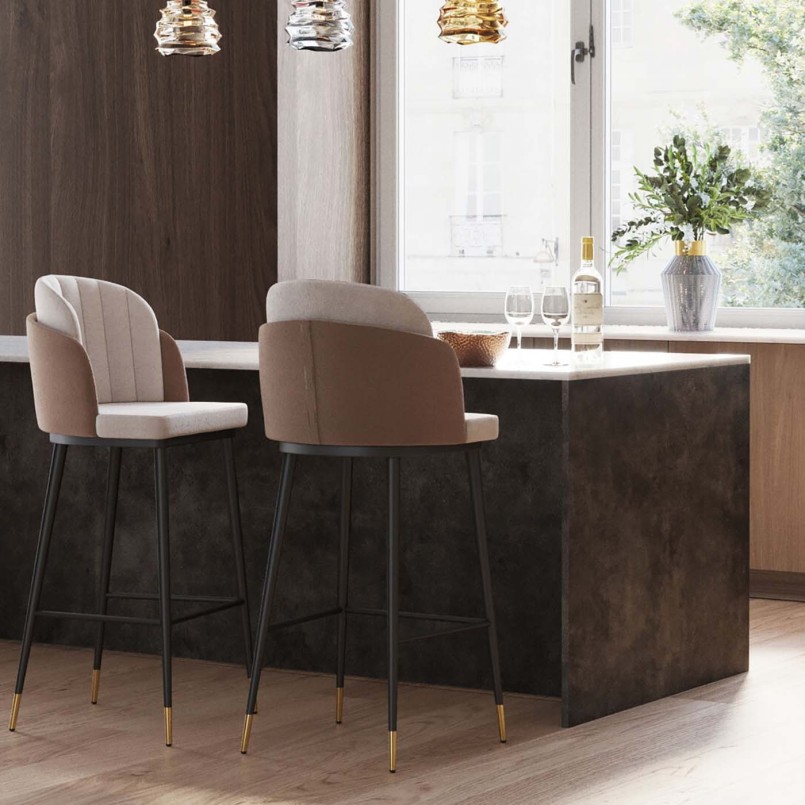Beige en taupe fluwelen barkruk - Hojas - Kare Design