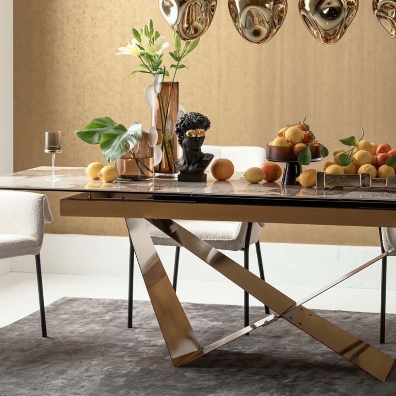 Stoneware and gold-plated steel extensible table - Connesso - Kare Design