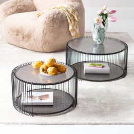 Zwarte salontafels set van 2 in structuurglas - Wire Double Bubble - Kare Design