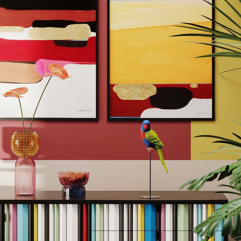 Groene, blauwe en oranje papegaai op een tak - Kare Design