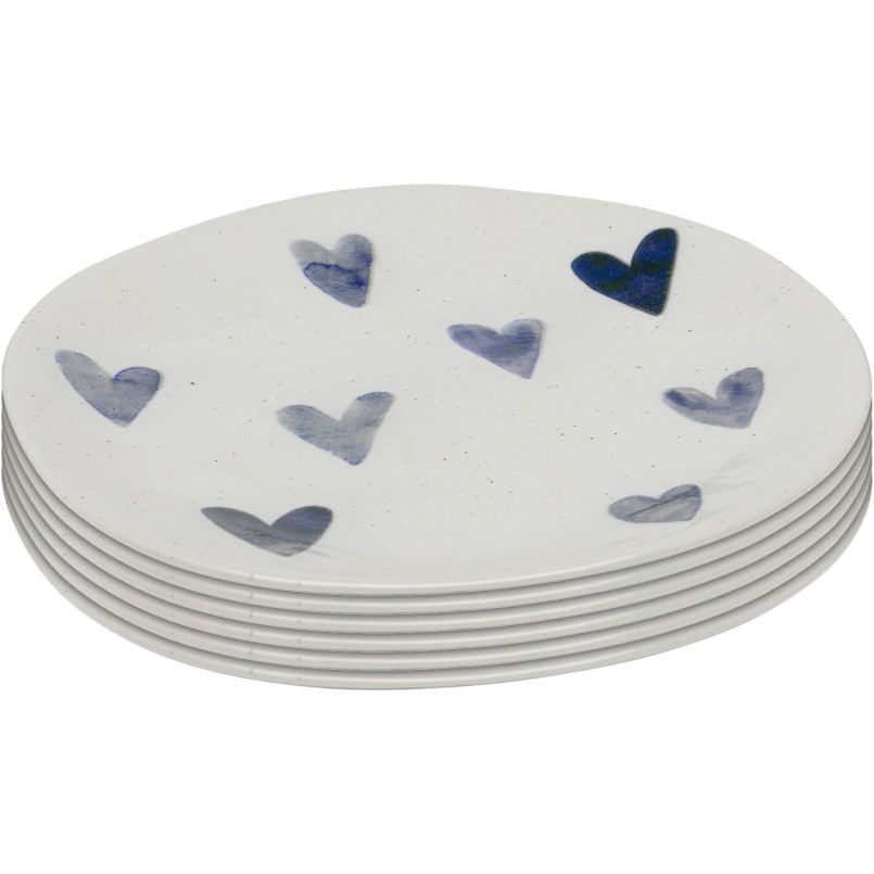 Witte borden met blauwe hartjes van steengoed, set van 6 - Cuori - Kare Design