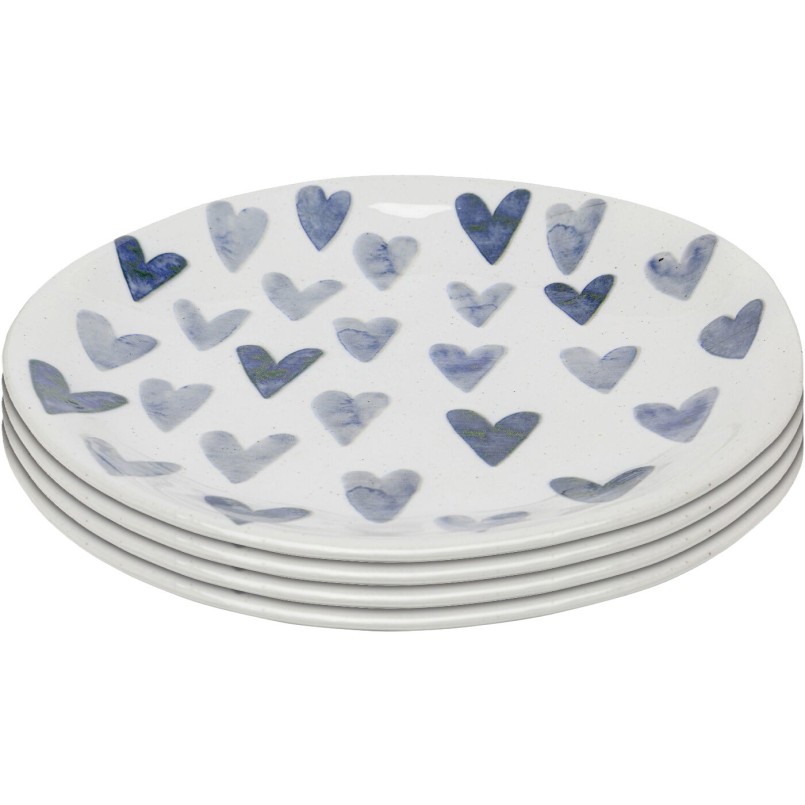 Witte borden met blauwe hartjes in steengoed set van 4 - Cuori - Kare Design