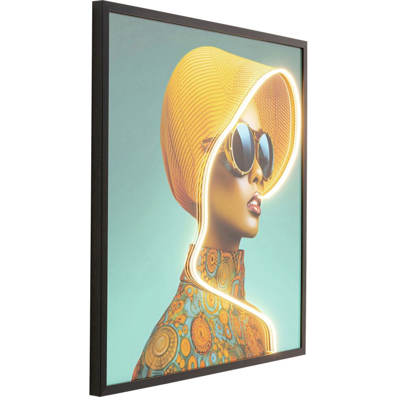 Tableau encadré Sun Hat Woman jaune LED 80x80cm