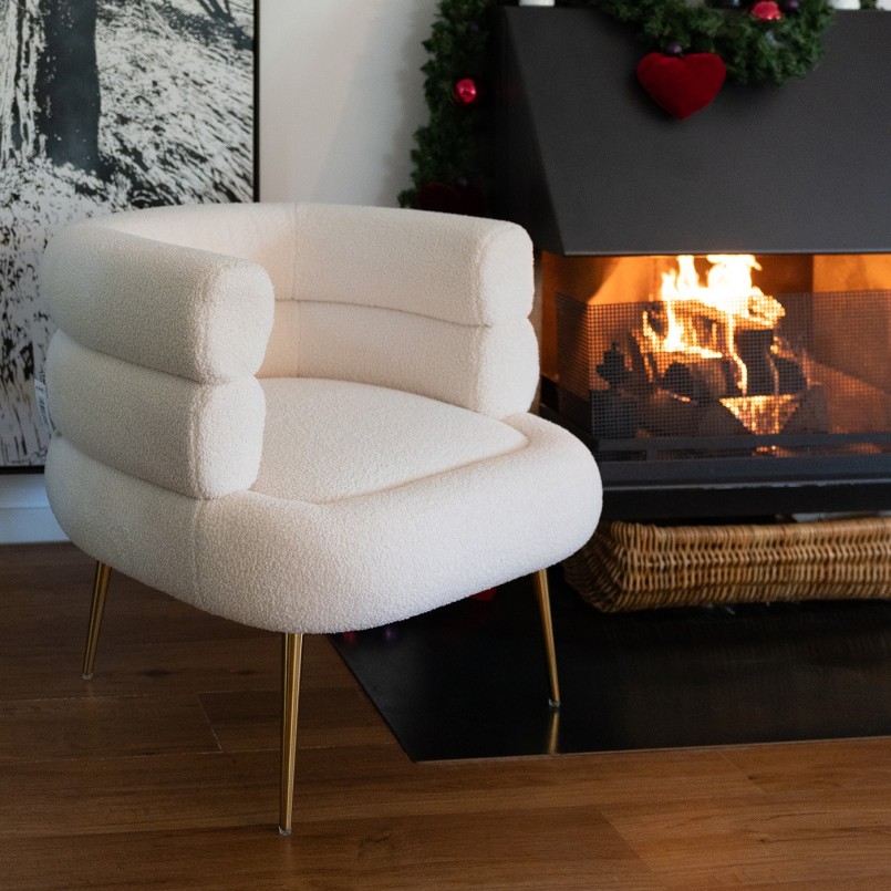 Retro fauteuil in crèmekrullende stof en goudkleurig staal - Livelli - Kare Design
