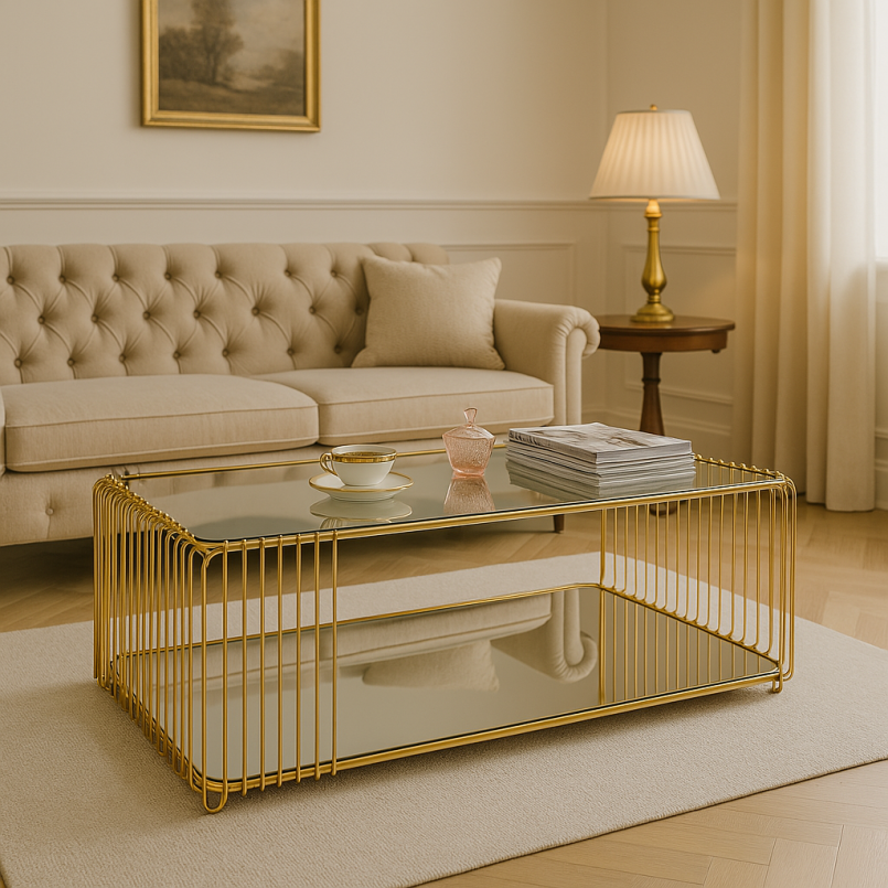 Salontafel van verguld staal en spiegelglas - Wire Double - Kare Design