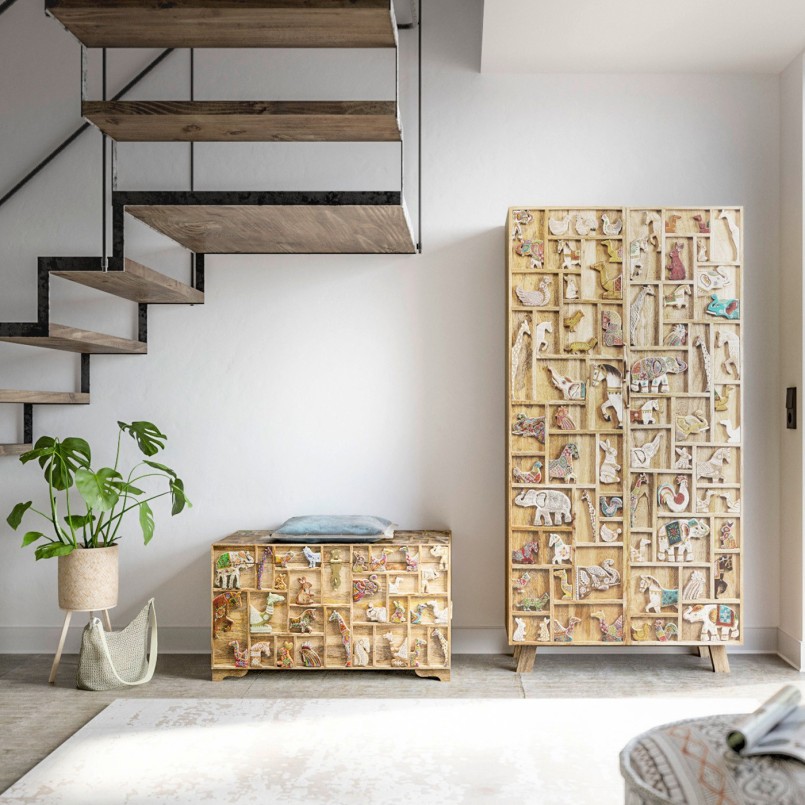 Carved wooden wardrobe with animal motifs - Zoo - Kare Design
