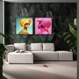 Framed Picture LED yellow hat woman 80x80cm Kare Design