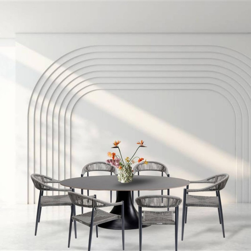 Tuinmeubilair Grande Possibilita tafel 220cm en 6 stoelen grijs Kare Design