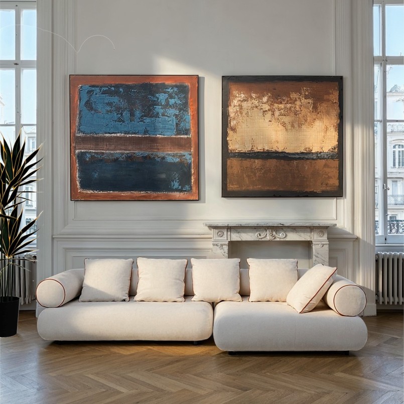 Vierkant abstract schilderij blauw en bruin - Silence - Kare Design