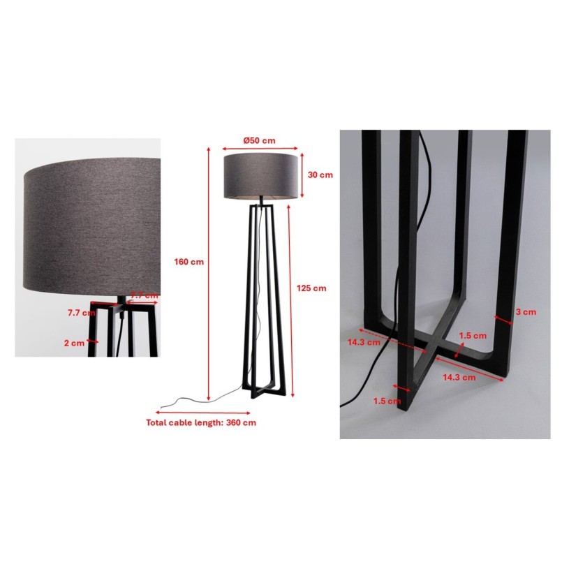 Staande lamp in zwart staal en donkergrijze stof - Tilmon - Kare Design