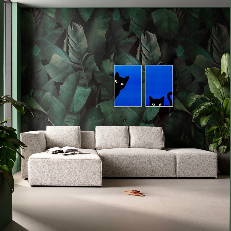 Black paintings of playful cats on a blue background - Kare Design