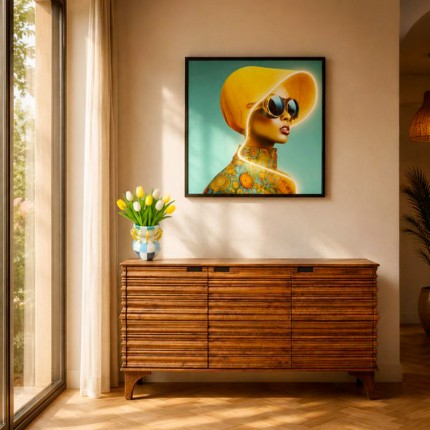Schilderij LED gele hoed vrouw 80x80cm Kare Design