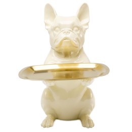Crèmekleurige bulldog-butler met verguld dienblad - Kare Design